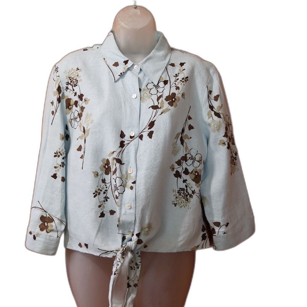 Edward Cropped Blue Floral Button Down Tie Front Top LG Linen